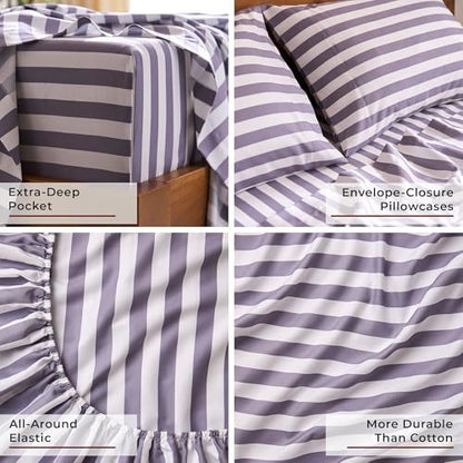 Mellanni Iconic 4-Piece Sheet Set (Queen, Oxford Stripe Hazy Lilac)