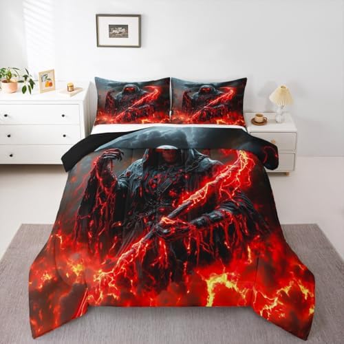 Human Skeleton Kids Comforter Set Full Size,Fire Skull Dark Clouds Gothic Western Bedding Set,Girls Boys Room Decor,Happy Halloween Trippy Quilt Comforter,Vintage Chic Duvet Insert,2 Pillowcases