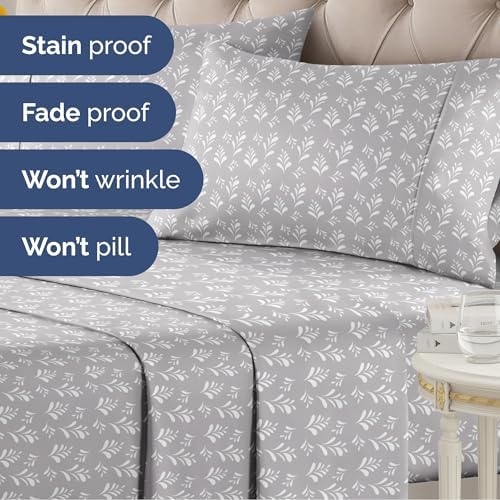 Full 4 Piece Floral Sheet Set - Soft, Breathable & Cooling - Gray Sprig