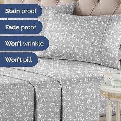 Full 4 Piece Floral Sheet Set - Soft, Breathable & Cooling - Gray Sprig