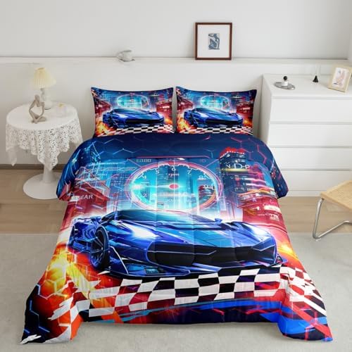 Feelyou Boys Blue Race Car Queen Size Bedding Set Kids Racing Car Decor Comforter Extreme Sports Car Comforter Set for Teens Honeycomb Grid Car Comforter Quilt Set Car Room Decorations