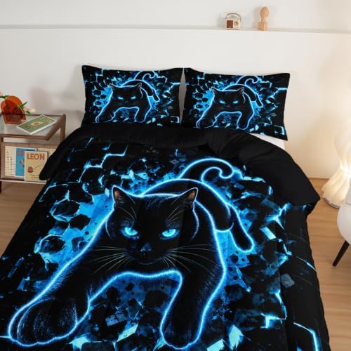 HOSIMA Neon Black Cat Comforter Twin for Kids Boys with 2 Pillowcases.