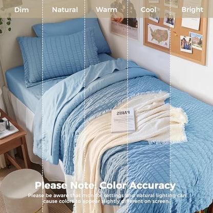 HYMOKEGE Mineral Blue Twin XL Comforter Set Seersucker 5 Pieces, All Season Luxury Bed in a Bag for Bedroom, Bedding Set with Comforter, Sheets, Pillowcase & Sham