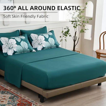 Luxudecor Teal King Size Comforter Set, 7 Pieces Floral Bed in a Bag