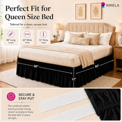 Black Bed Skirt Queen Size 12 Inch Drop, Elastic Wrap Around Bedskirt