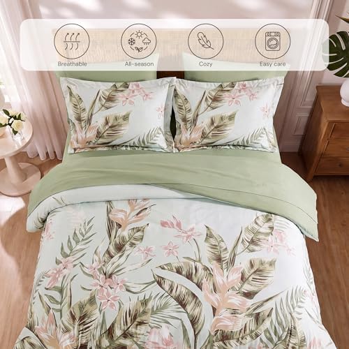 BLOOMHAVEN Queen Comforter Set-7 Pieces Green Floral Bed in a Bag Queen