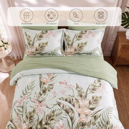 BLOOMHAVEN Queen Comforter Set-7 Pieces Green Floral Bed in a Bag Queen