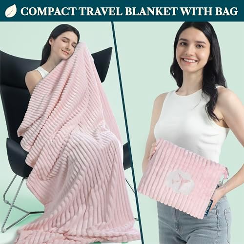 PAVILIA Travel Blanket Pillow, Soft Ribbed Fleece Airplane Blanket, Pink