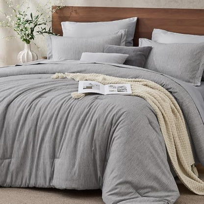 JOLLYVOGUE Grey Full Comforter Set, Cationic Dyeing Bed in a Bag Full 7 Pieces, Double-Tone Bedding Set with Down Alternative Comforter, Sheets, Pillowcases & Shams