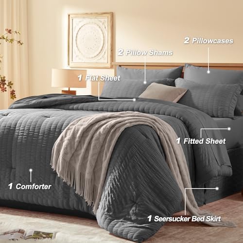 Laojin Balhen King Size Comforter Set 7 Pieces, Dark Grey Seersucker Bed in a Bag Set King Size, All Season Luxury Bedding Sets with Comforter, Sheets, Pillowcase & Sham