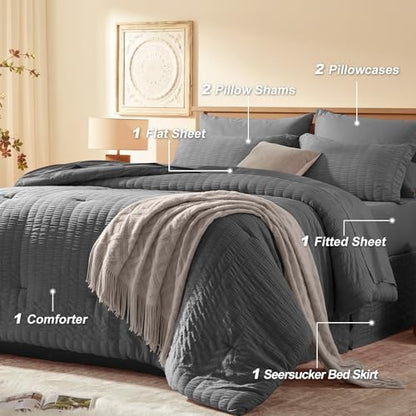 Laojin Balhen King Size Comforter Set 7 Pieces, Dark Grey Seersucker Bed in a Bag Set King Size, All Season Luxury Bedding Sets with Comforter, Sheets, Pillowcase & Sham