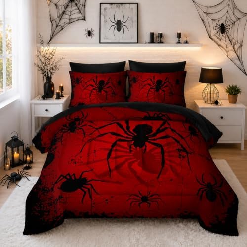 Boys Spider Printed Comforter Set Bed in A Bag QUEEN Size 7PCS Red Bedding Set Cool Black Spider Comforter Set ,Bed Sheet Set Spider Decor For Girls Boys Kids,Microfiber Lightweight All Season