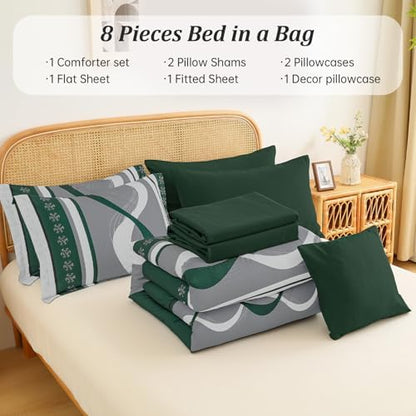 Anibedding Dark Green Comforter Set Queen,8 Pieces Striped Bed in a Bag