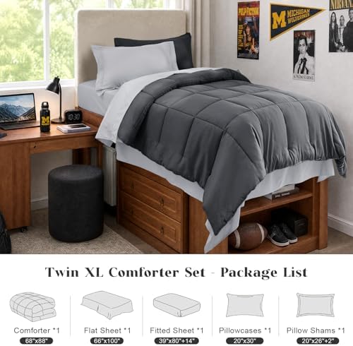 JOLLYVOGUE Twin XL Comforter Set, Ultra-Soft Bed in a Bag Twin XL Size 5 Pieces, Oeko-TEX Certified Bedding Set with Down Alternative Comforter, Sheets, Pillowcases & Shams, Dark & Light Grey