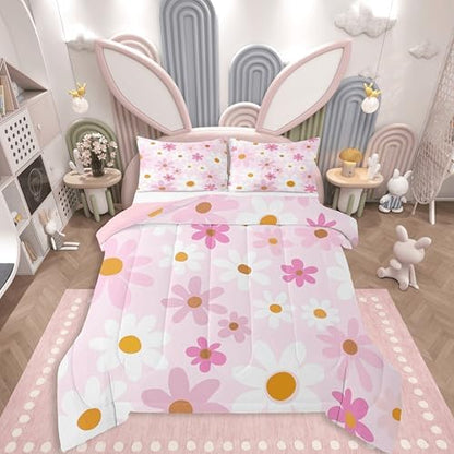 jejeloiu Cute Flower Comforter Set Toddler Size Pink White Daisy Bedding Set for Kids Boys Girls Blossom Flowers Pattern Duvet Quilt Kawaii Bedroom Decor Microfiber 2 Pcs with 1 Pillow Cases
