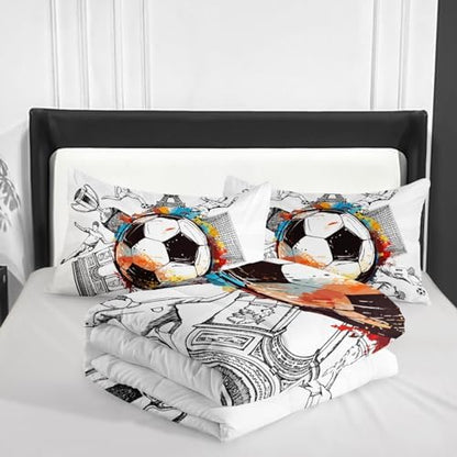 Nttopship Soccer Sports Comforter Set Full Size,100% Soft Ultra-fine Fiber Four Season Hand Drawn Graffiti Style Comforter Set,with 1 Comforter and 2 Pillow Case
