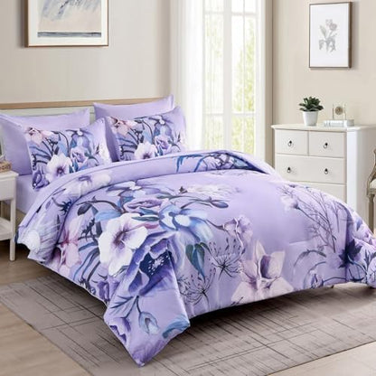 Luxudecor Lavender Purple Floral Comforter Set Queen Size 7 Piece, Flower Bed in a Bag, Elegant Comforter with Sheet Set, Soft Microfiber Bedding Set for All Season (Lavender, 90"x90")
