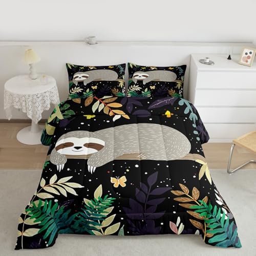 Feelyou Sloth Comforter Cute Sloth Bedding Set for Kids Boys Girls Galaxy Butterfly Comforter Set Botanical Leaves Inner Fill Duvet Set 1 Comforter Set with 2 Pillowcases King Size