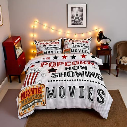 Homewish 70's Vintage Cinema Movie Theater Comforter Set Popcorn Bedding Set 2pcs Cinema Poster Design All Season Quilt Set for Kids Boys Girls Black Red Microfiber Duvet Insert Room Decor Twin Size