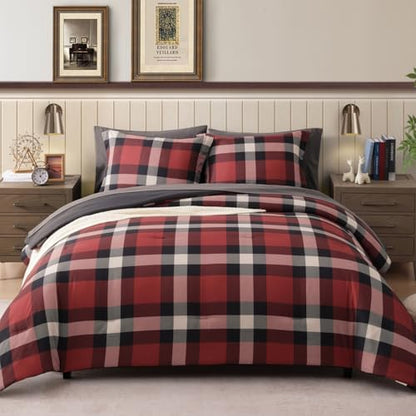 Plaid Queen Comforter Set Red 7 Pieces Bed in a Bag for Boys Girls Teen