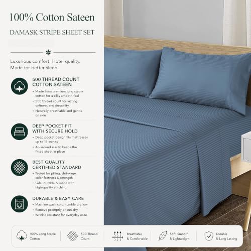 Feather & Stitch 100% Cotton Sateen 500 TC King Size Bed Sheet Set