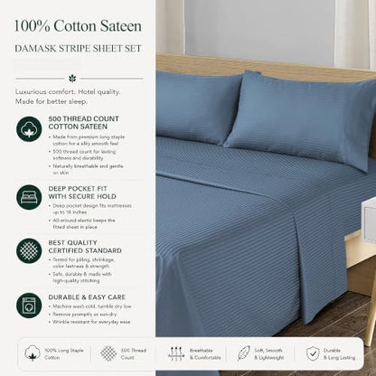 Feather & Stitch 100% Cotton Sateen 500 TC King Size Bed Sheet Set
