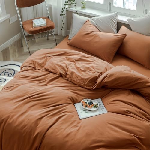 LifeTB Terracotta Burnt Orange Duvet Cover Set Queen Jersey Knit Duvet Cover 100% T-Shirt Cotton Comforter Cover Caramel Rust Color Bedding Set Boho Pumpkin Orange Comforter Cover with Zipper Closure