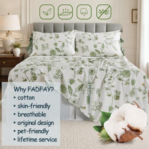 FADFAY Full Size Sheet Sets Green Floral Bedding Premium Percale Cotton Toile Sheets Flower Bed Sheet Set Shabby Vintage Chic Bowknot Design Soft Crisp Breathable Deep Pocket Fitted Sheet 4 Pieces