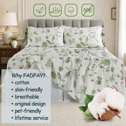 FADFAY Twin 4-Piece 100% Cotton Percale Sheet Set – Green Floral