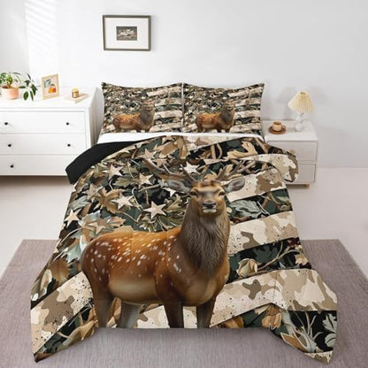 Feelyou Rustic Farmhouse Bedding Comforter Sets Toddler Size, Hunting Deer Down Comforter, Western Farmhouse Comforter Set, Wild Animal Duvet Insert, Camo American Flag Quilt