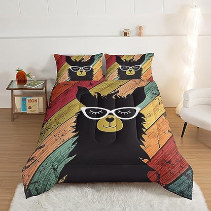 HOSIMA Llama Comforter with 2 Pillowcases Funny Room Decor,with Handsome Alpaca Pattern Vintage Colorful Wood Grain Bedding Set for Boys Girls Teens,Animal Bedding King Size Comforter Set.