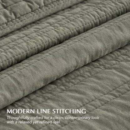 EVERGRACEHOME 100% Cotton Modern Lines Quilt Set Queen Size, Olive Green