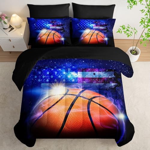 7pcs Sports Comforter Set 3D Basketball Printed Bedding Set with 1 Comforter, 1 Flat Sheet, 1 Fitted Sheet and 4 Pillowcases for Boys and Girls Bedroom (Basketball Twin