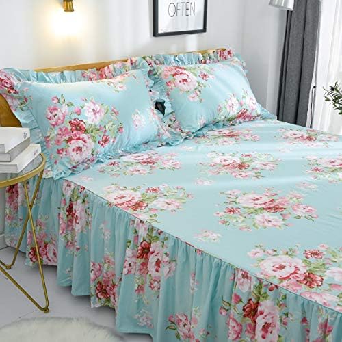 FADFAY 4-Piece Twin Size Dorm Bedding Floral Bed Set for Girls 100% Cotton Ruffled Duvet Cover Set Soft Breathable Skin-Friendly Bed Skirt Sets Garden Style All-Season Use