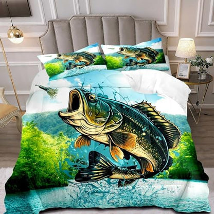 LUVIVIHOME 2PCS Fishing Comforter Set Twin Size, Bass Fish Bedding for Kids Boys, Lake Forest Wildlife Hunting Animal Country Rustic Farmhouse Bedroom Decor, Soft Microfiber Quilt, 1 Pillow Sham