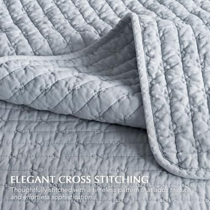 EVERGRACE 100% Cotton Cross Stitch 3-Piece Quilt Set, King, Powder Blue