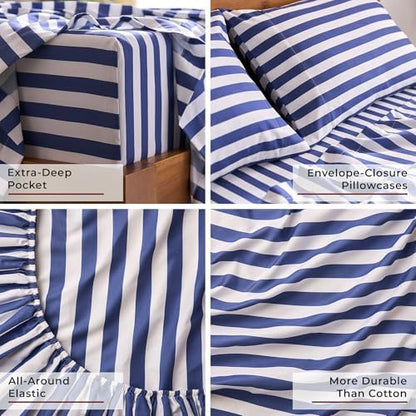 Mellanni Iconic 5-Piece Sheet Set (Split King, Oxford Stripe Blue Nova)
