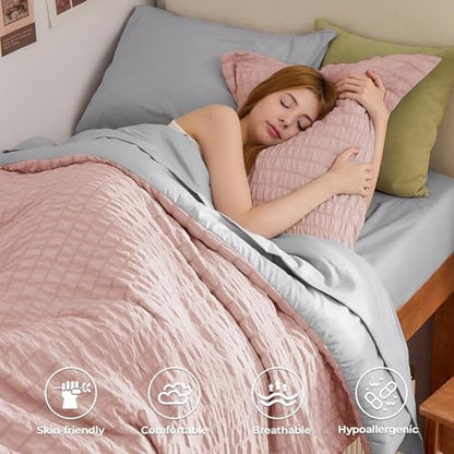 HYMOKEGE Rose Gold/Light Grey Twin Comforter Set Seersucker 5 Pieces, All Season Luxury Bed in a Bag for Bedroom, Bedding Set with Comforter, Sheets, Pillowcase & Sham