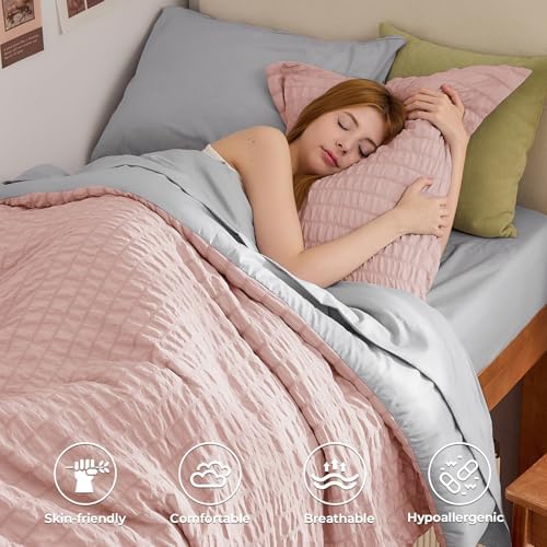 HYMOKEGE Rose Gold/Light Grey Twin XL Comforter Set Seersucker 5 Pieces, All Season Luxury Bed in a Bag for Bedroom, Bedding Set with Comforter, Sheets, Pillowcase & Sham
