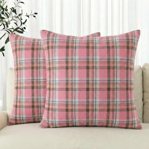 AVOIN colorlife Spring Summer Pink Brown Plaid Decorative Throw Pillow Covers, 18 x 18 Inch Holiday Scottish Tartan Cushion Case Farmhouse Decoration for Sofa Couch Set of 2