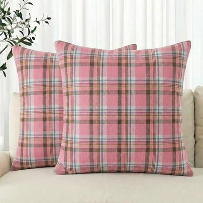 AVOIN colorlife Spring Summer Pink Brown Plaid Decorative Throw Pillow Covers, 18 x 18 Inch Holiday Scottish Tartan Cushion Case Farmhouse Decoration for Sofa Couch Set of 2