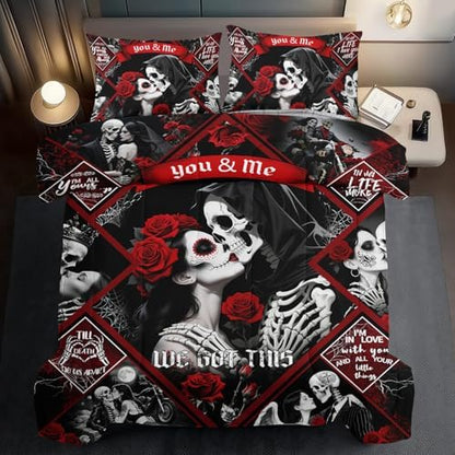 Red Skull Comforter Set Twin Size Women Men Black Goth Bedding Set Girls Gothic Twin Size Comforter Couple Red Rose Couple Bedding Boho Skull Quilt Bedroom Decor