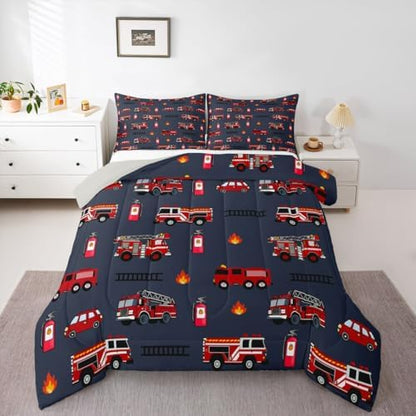 Feelyou Fire Truck Comforter Set King Size Emergency Fire Engine Bedding Set for Kids Boys Girls Firemen Car Vehicle Duvet Quilt Bedroom Decor Microfiber 3 Pcs with 2 Pillow Cases