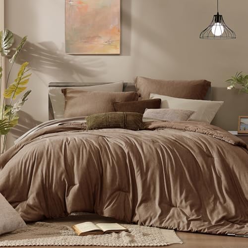 Monbix Oversized King Comforter Set 7 Pieces Brown Bed in a Bag