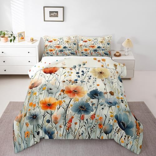 jejeloiu Boho Floral Comforter Set Toddler Size Kids Coloful Flower Bedding Set Boys Girls Teens Botanical Duvet Breathable Blossom Plant Aesthetic Quilt Bedroom Decor,1 Comforter with 1 Pillowcase