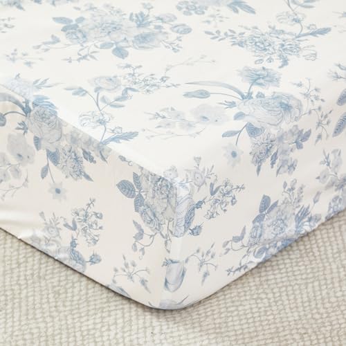 Brandream French Country Toile Crib Bedding Set for Girls Vintage Blue Grandmillennial Toile Floral Print 100% Cotton Baby Girl Nursery Bedding - 3 Pieces Ruffles Quilt,Toile Crib Sheet,Crib Bed Skirt