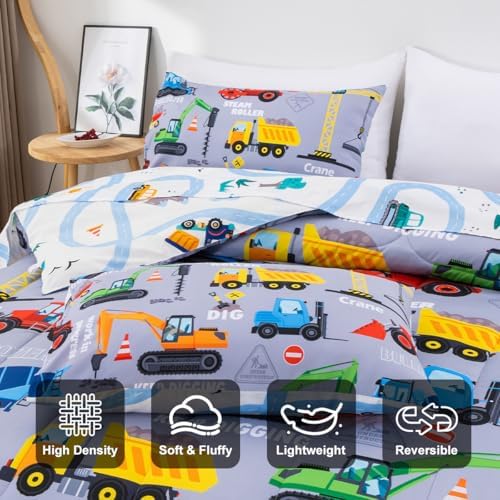 Holawakaka Boys Construction Truck Excavator Twin Comforter Set with Sheets