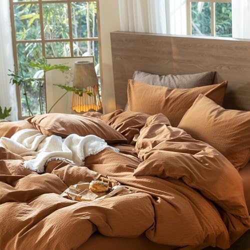 MooMee Wavy Striped Duvet Cover Set 100% Washed Cotton Linen Like Textured Breathable Durable Soft Comfy (Dark Orange, Queen 90"x90")