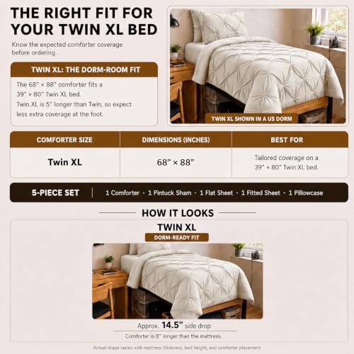 HIMEET Twin XL Comforter Set Beige - 5 Pieces Pintuck Bed in a Bag