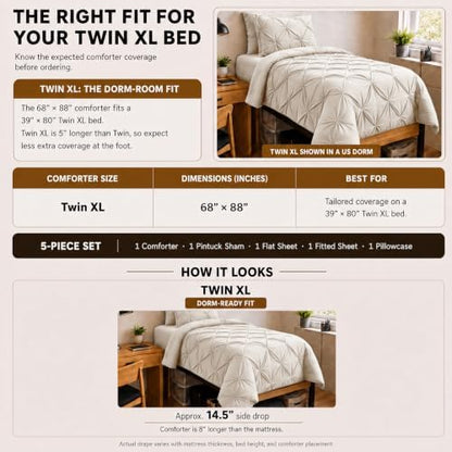 HIMEET Twin XL Comforter Set Beige - 5 Pieces Pintuck Bed in a Bag